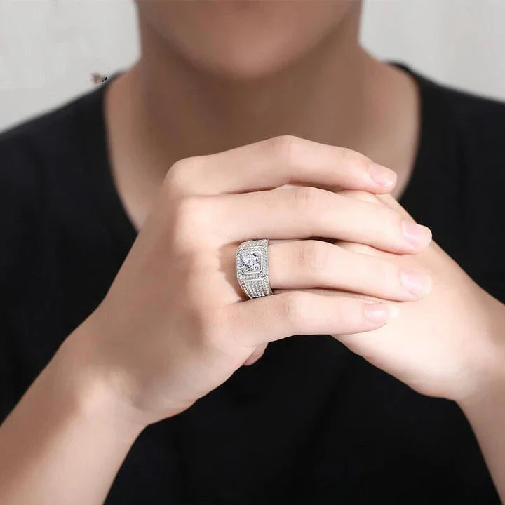 Elegant 2-carat diamond inlaid men's ring with a sleek, geometric design and adjustable fit
