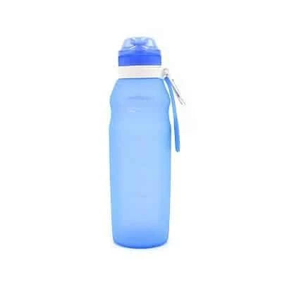Collapsible silicone water bottle in blue colour, featuring a large 600 ml capacity and a compact, foldable design for easy storage and transport.