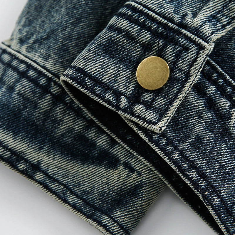 Retro-inspired men's denim jacket with intricate embroidered detailing, perfect for casual and smart-casual outfits
