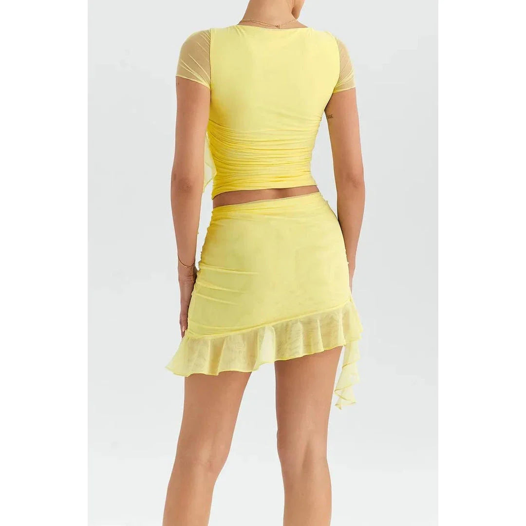 Elegant ruffle two-piece crop top and mini skirt set in yellow colour