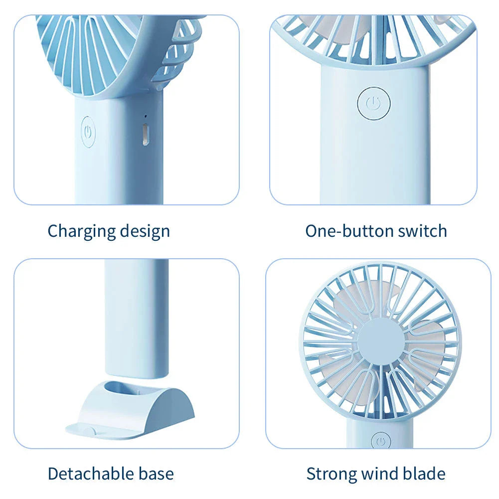 Mini Portable Handheld USB Rechargeable Fan with adjustable wind speeds and long-lasting battery for cooling comfort on the go