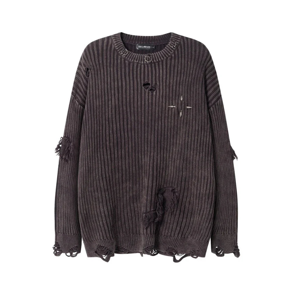 Classic ripped round neck jumper in a monochrome colour scheme, featuring a unique sunken stripe detail and a relaxed, comfortable fit.