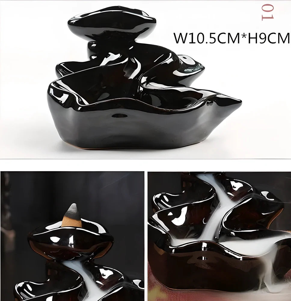 Elegant ceramic waterfall incense burner with flowing smoke and soothing sounds for a relaxing ambiance