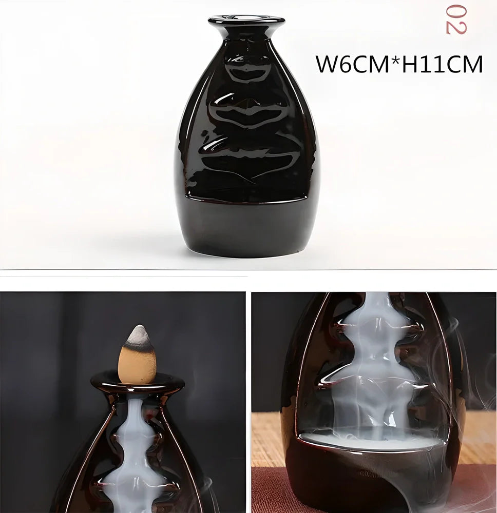 Elegant ceramic waterfall incense burner with flowing smoke and soothing sounds for a relaxing ambiance