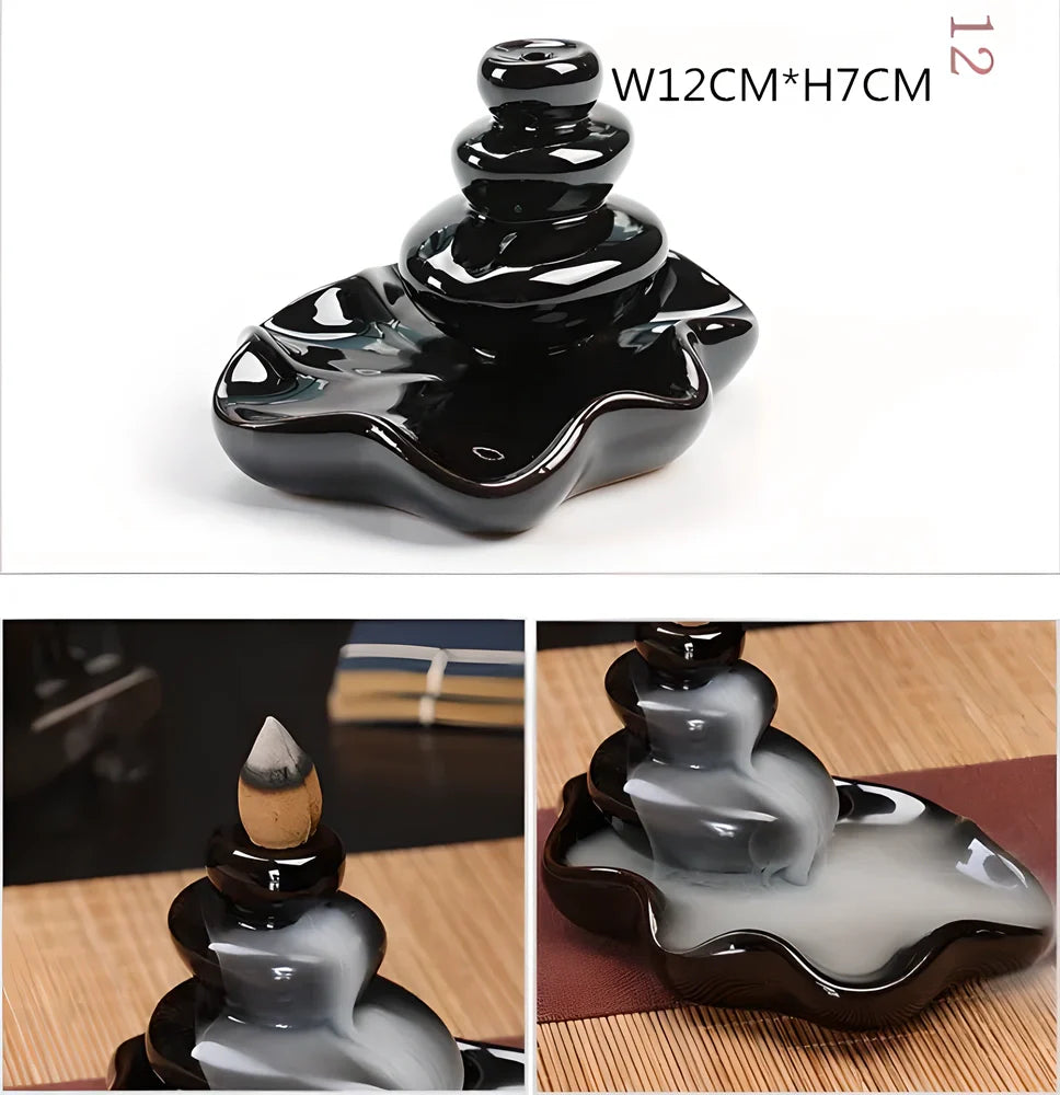 Elegant ceramic waterfall incense burner with flowing smoke and soothing sounds for a relaxing ambiance