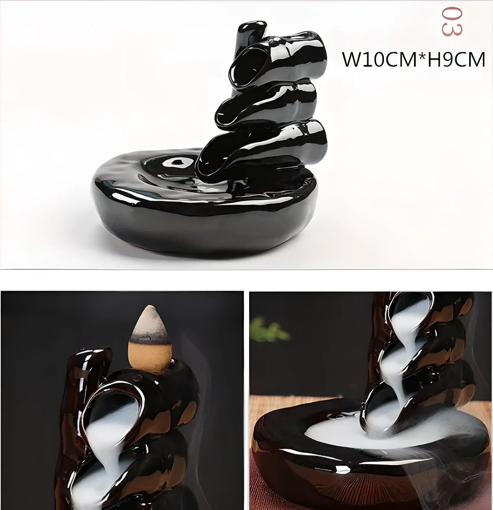 Elegant ceramic waterfall incense burner with flowing smoke and soothing sounds for a relaxing ambiance