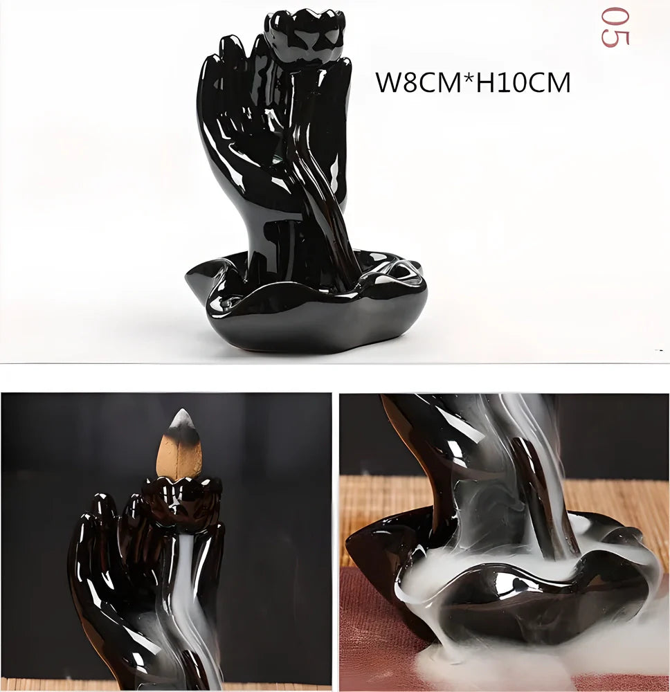 Elegant ceramic waterfall incense burner with flowing smoke and soothing sounds for a relaxing ambiance