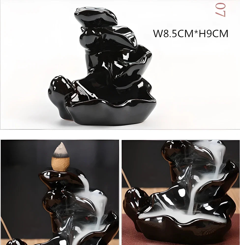 Elegant ceramic waterfall incense burner with flowing smoke and soothing sounds for a relaxing ambiance