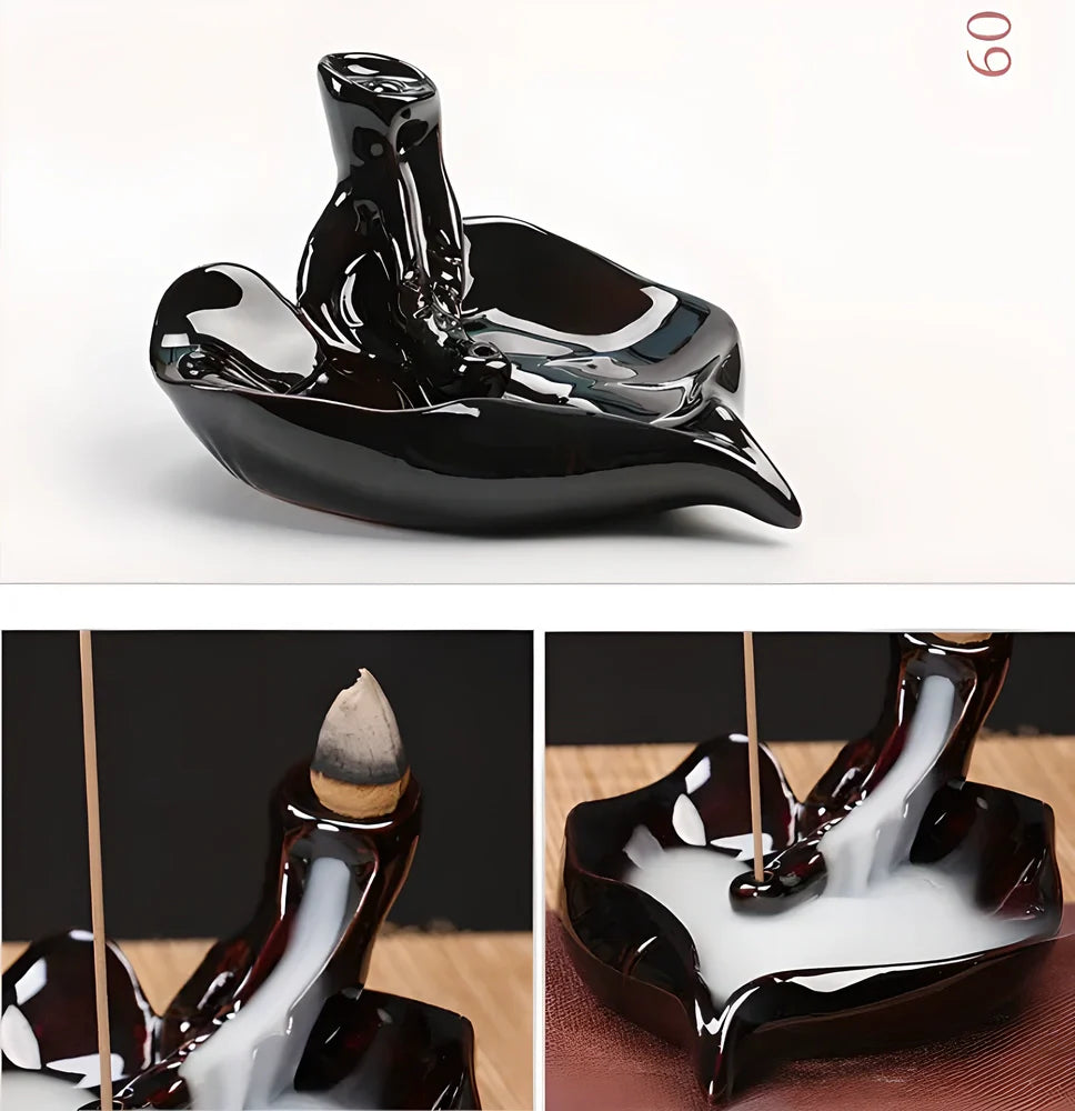 Elegant ceramic waterfall incense burner with flowing smoke and soothing sounds for a relaxing ambiance
