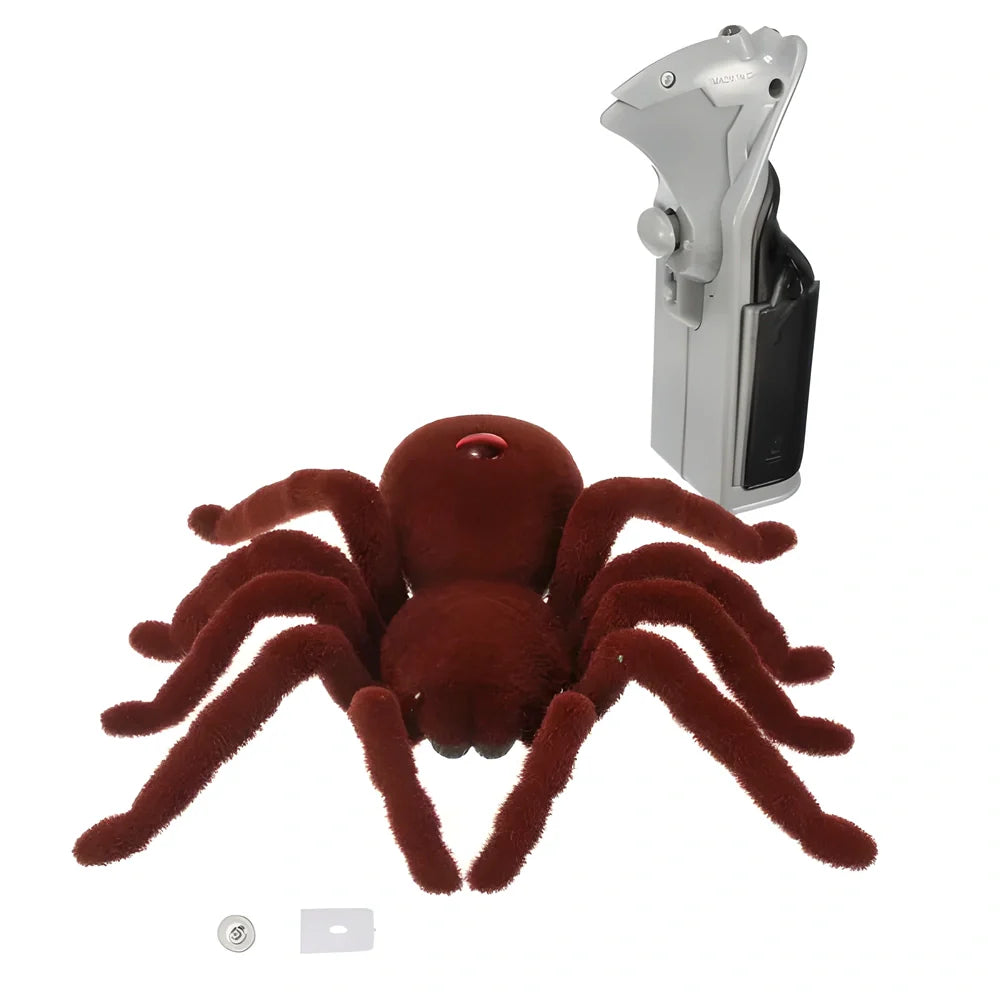 Premium realistic remote control spider toy with brown colour, illuminating eyes and back, and infrared remote control
