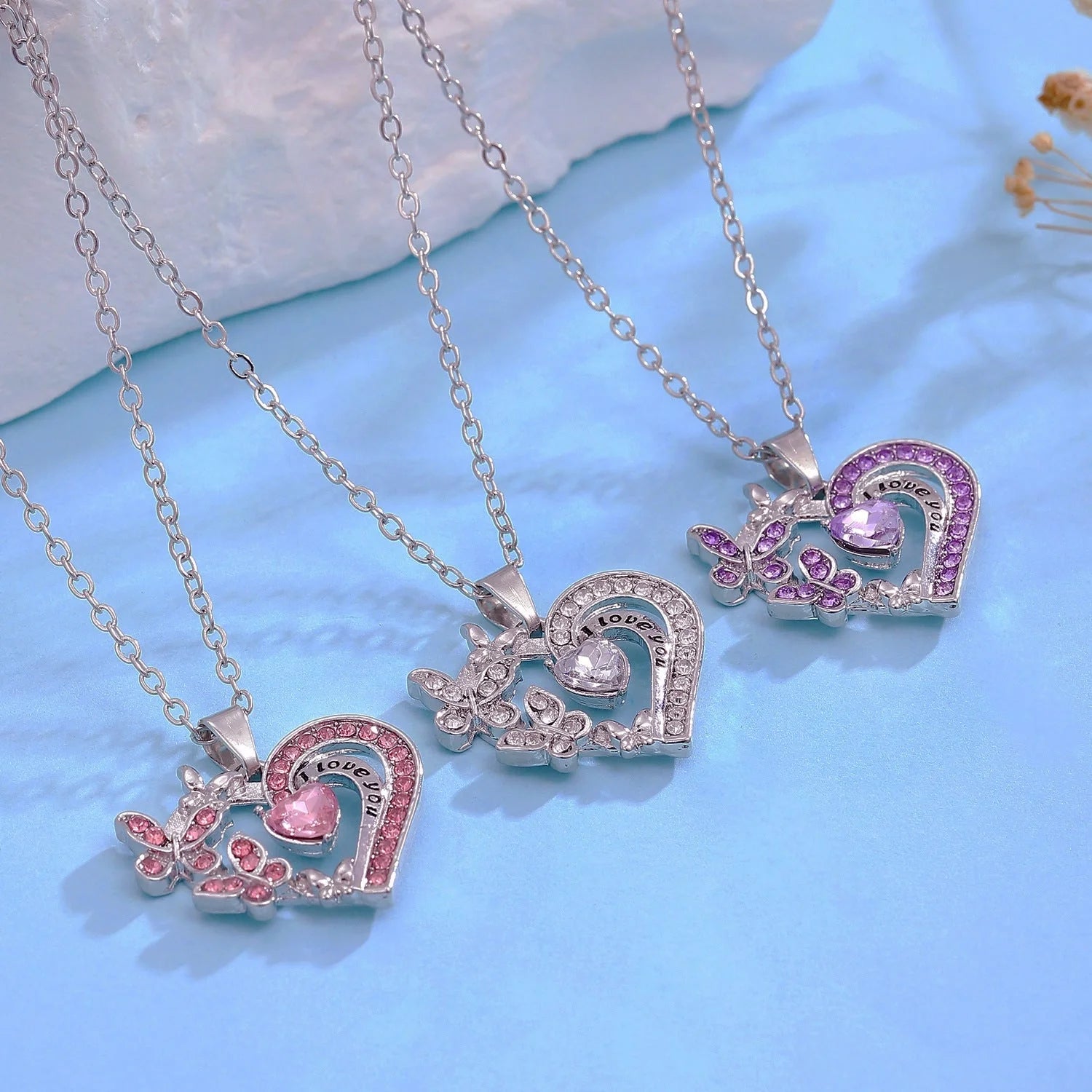 Butterfly Love Rhinestone Heart Necklace in various colours for Valentine's Day