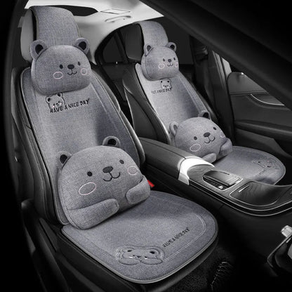 Car seat cushion set showing a linen cushion and separate lumbar support pillow in a choice of five colours.