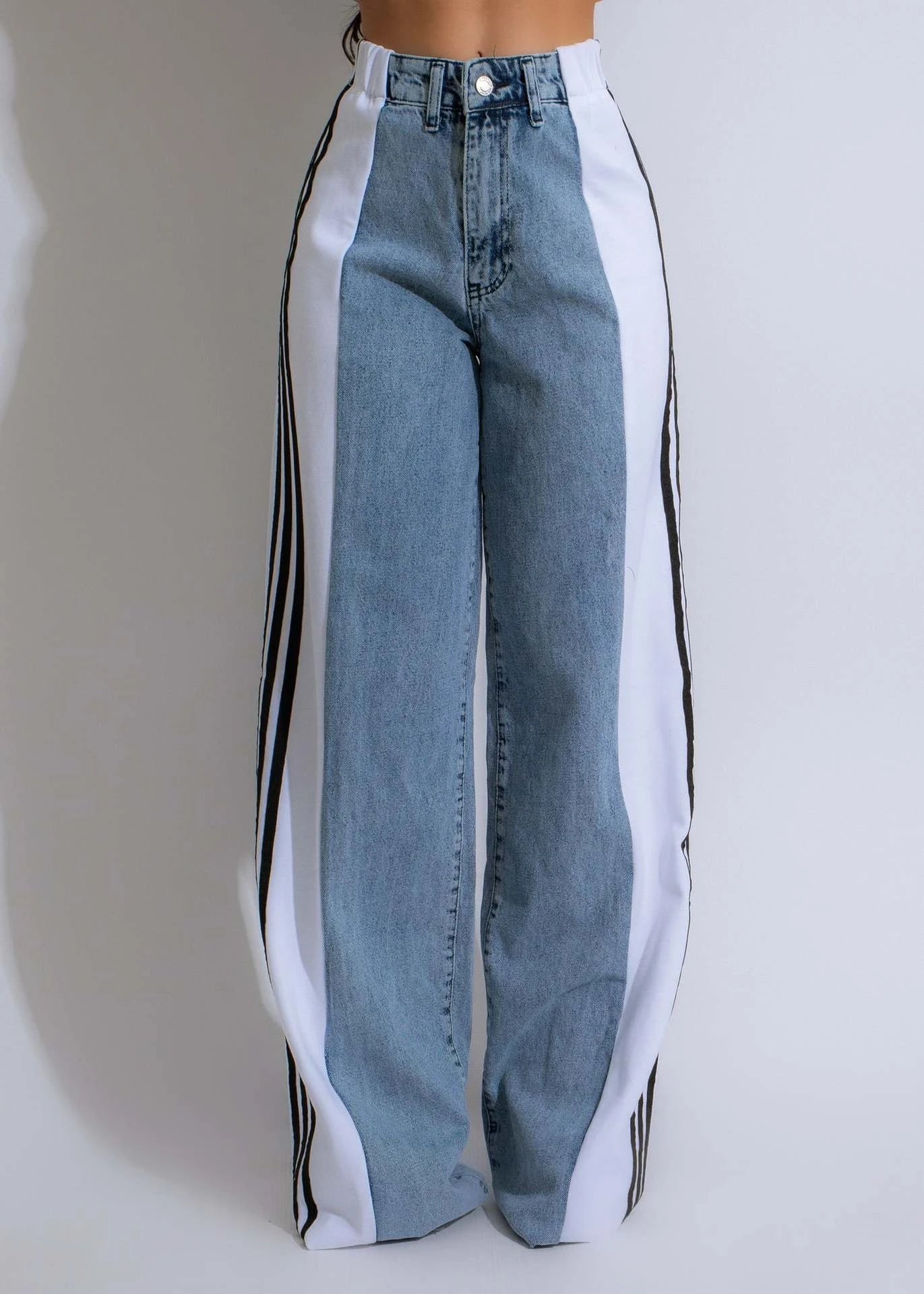 Stylish denim pants with three-stripe patchwork design in various color options