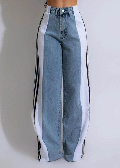 Stylish denim pants with three-stripe patchwork design in various color options