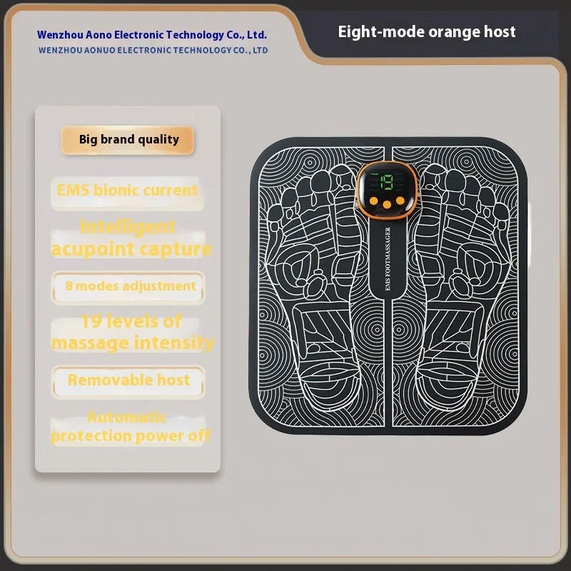 A blue rechargeable reflexology foot massager mat with a remote control on a wooden floor.