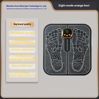 A blue rechargeable reflexology foot massager mat with a remote control on a wooden floor.