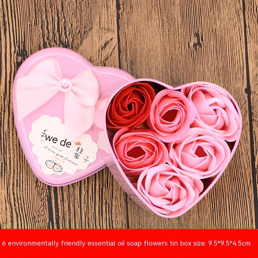 Handmade soap flowers in red heart-shaped tin box measuring 12x12x5cm