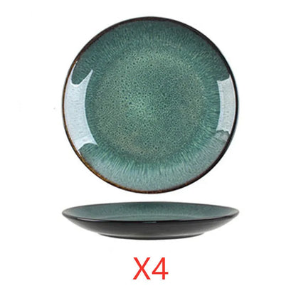 Retro European style porcelain bowls and plates set with round shape on dining table
