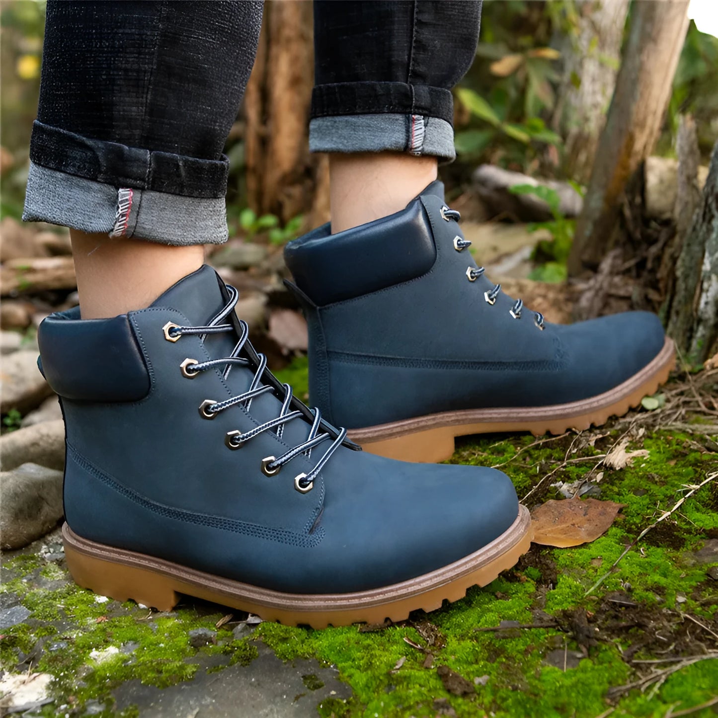 Martin boots with lace-up front, round toe and flat low heel in pink with velvet lining