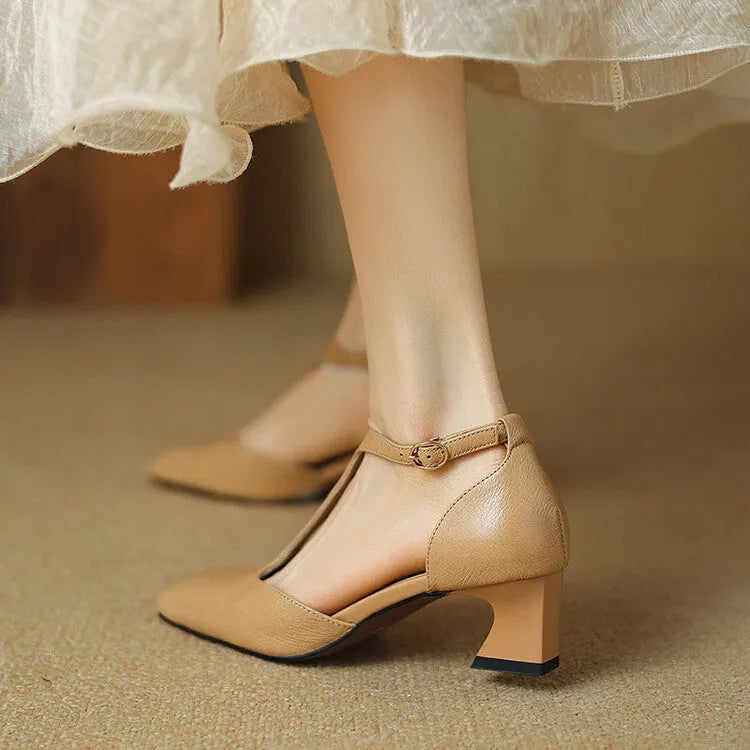 Wine red sheepskin leather high-heel shoes with square toe, chunky heel, and buckle fastening.