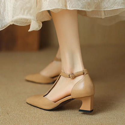 Wine red sheepskin leather high-heel shoes with square toe, chunky heel, and buckle fastening.