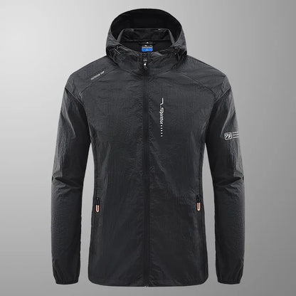 Men's lightweight nylon hooded jacket for sun protection in a loose fit, shown in dark blue.