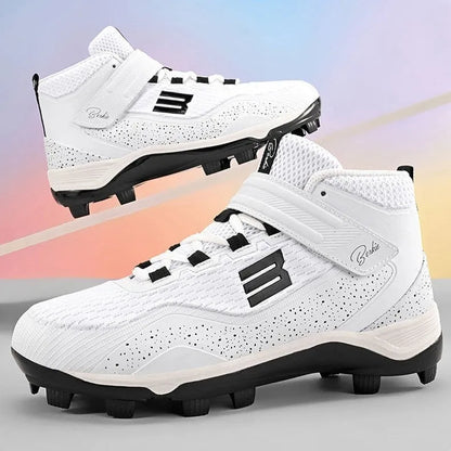 Black and white mid-top baseball sneakers with Velcro strap on a grass surface