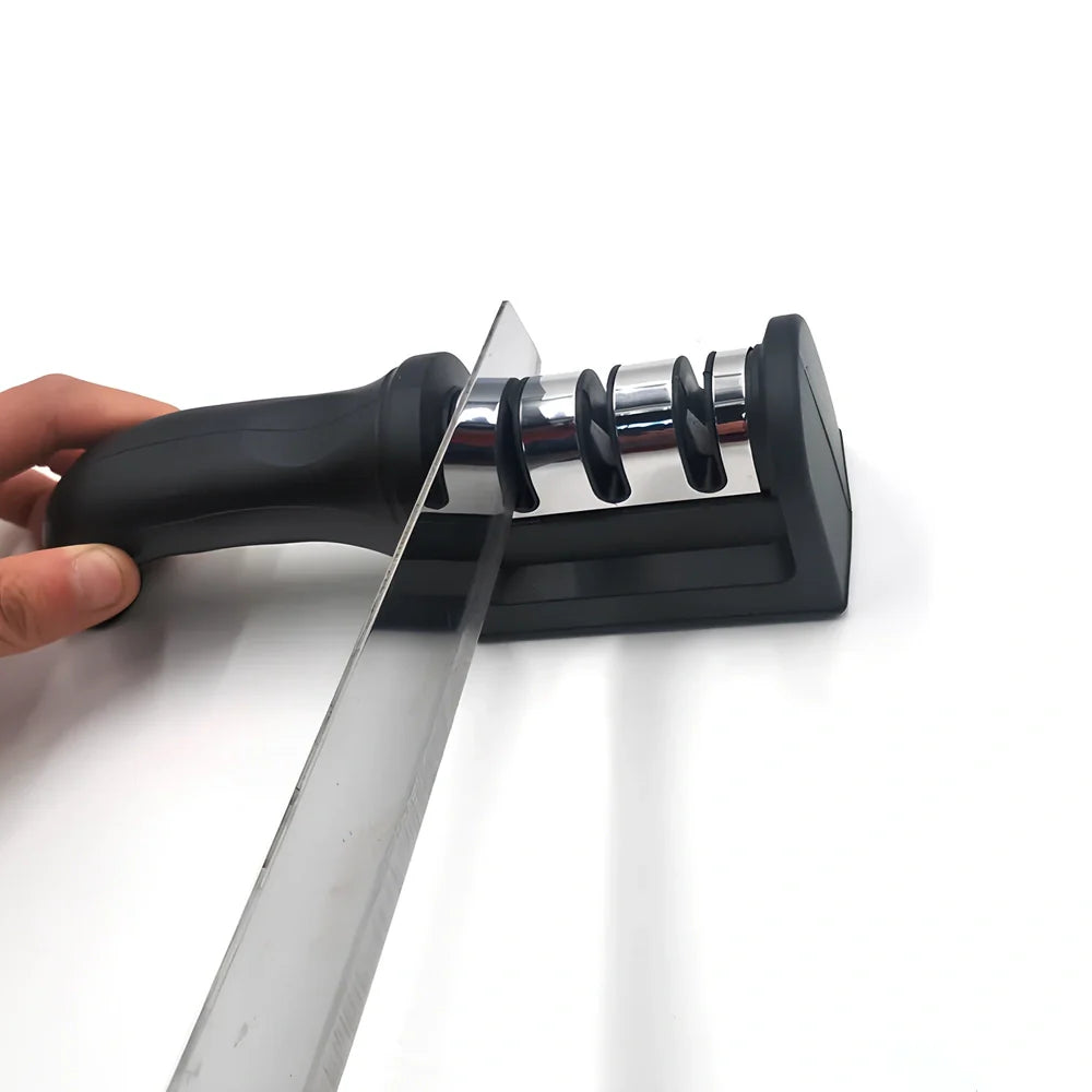 Compact 12cm plastic kitchen knife sharpener with tungsten slots for quick edge restoration, weighs 150g
