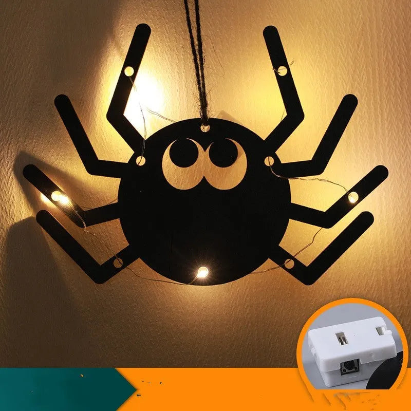 Halloween LED decorative lights with luminescent spider design showing eight colour options including bat, castle, black cat, pumpkin, wizard, ghost, spider, and spider web