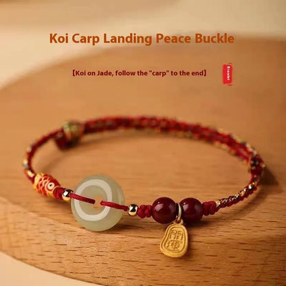Hetian jade peace buckle bracelet with 10mm beads on red braided rope