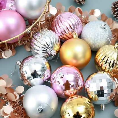 Assortment of 34 round 4cm plastic Christmas baubles in gold, silver, red, blue, and other colours.