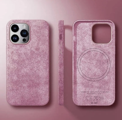 Alcantara suede magnetic phone case for Apple iPhone in black, showing frosted finish and anti-fall design.