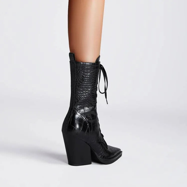 Dark brown women's lace-up ankle boots with a pointed toe and a chunky block heel.