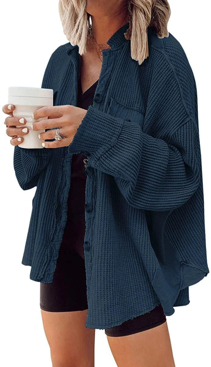 Women's lapel long sleeve button shirt jacket in various colours