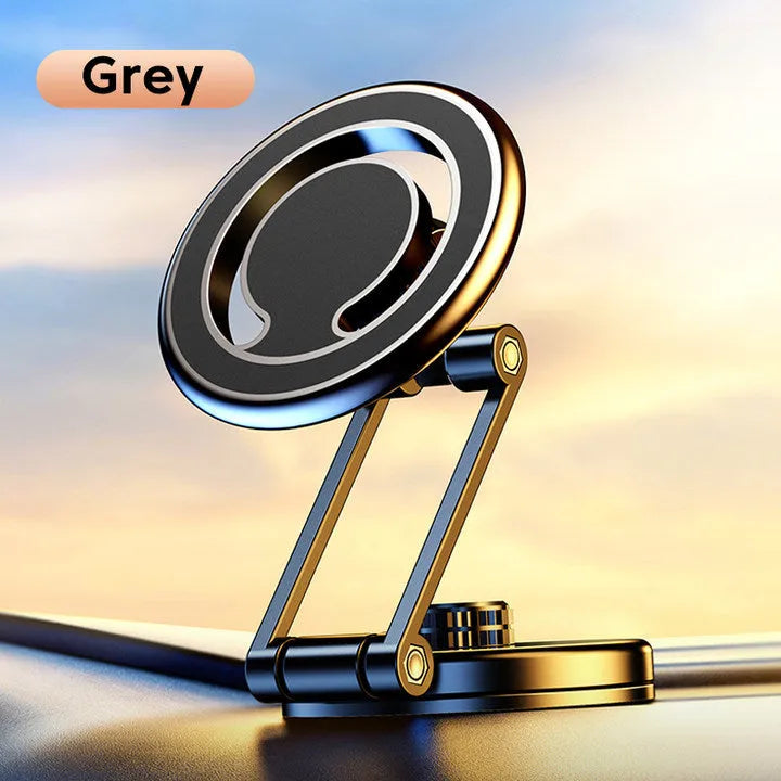 Black telescopic car phone holder extended on a car dashboard, showing phone attached with magnetic mount.
