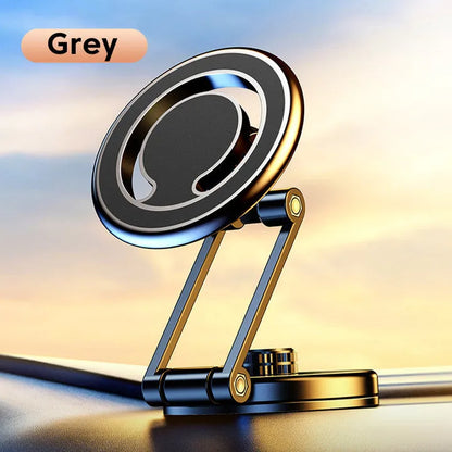 Black telescopic car phone holder extended on a car dashboard, showing phone attached with magnetic mount.