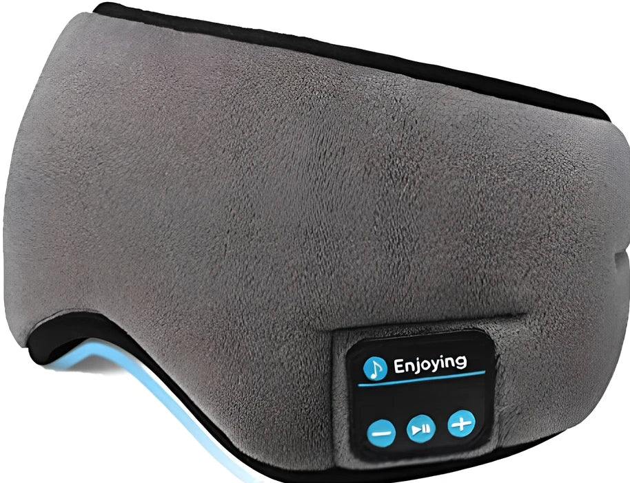 Black Bluetooth eye mask with memory foam padding and adjustable headband for light blocking and audio