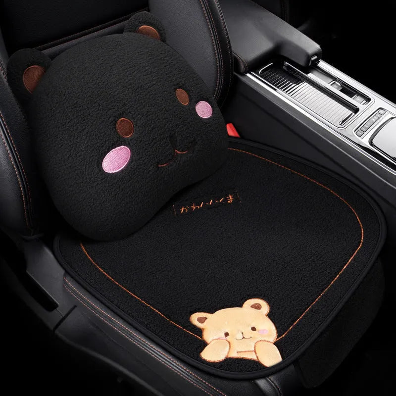 Car cushion winter plush three-piece set with square cushion and lumbar support pillow in wool cotton filler