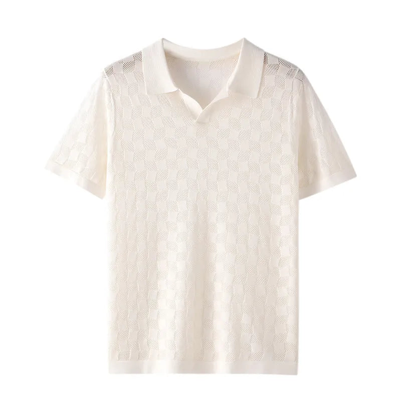 Men's mulberry silk short sleeve lapel sweater in a solid colour for business-casual wear.