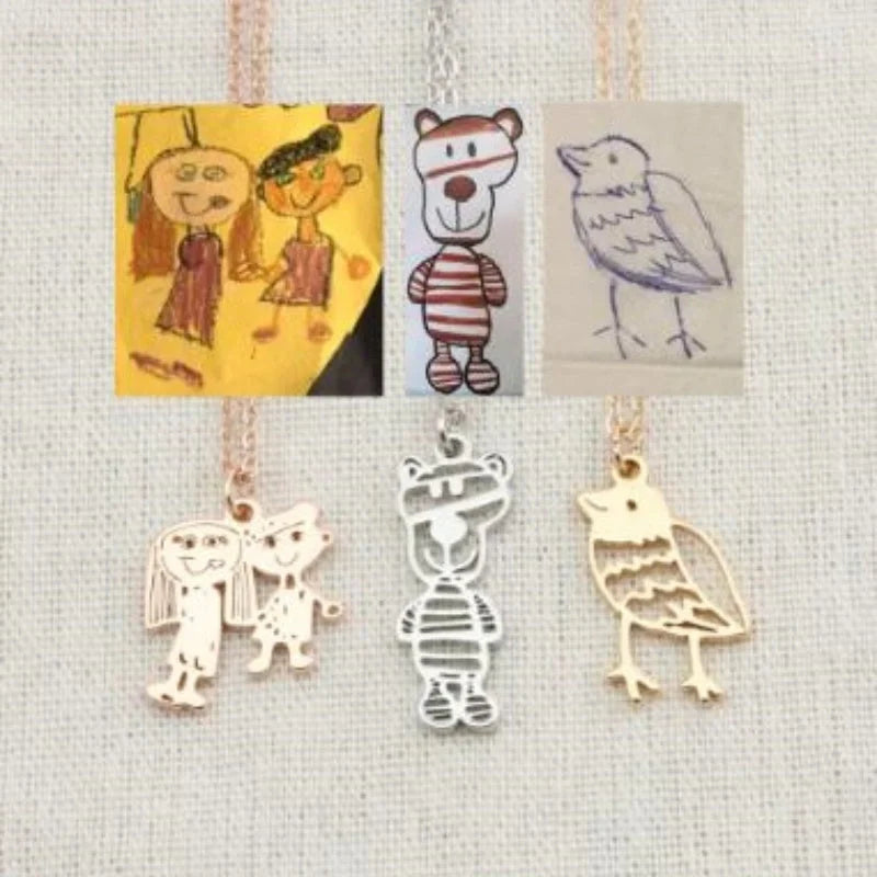 Custom children's artwork necklace with stainless steel chain and titanium steel pendant