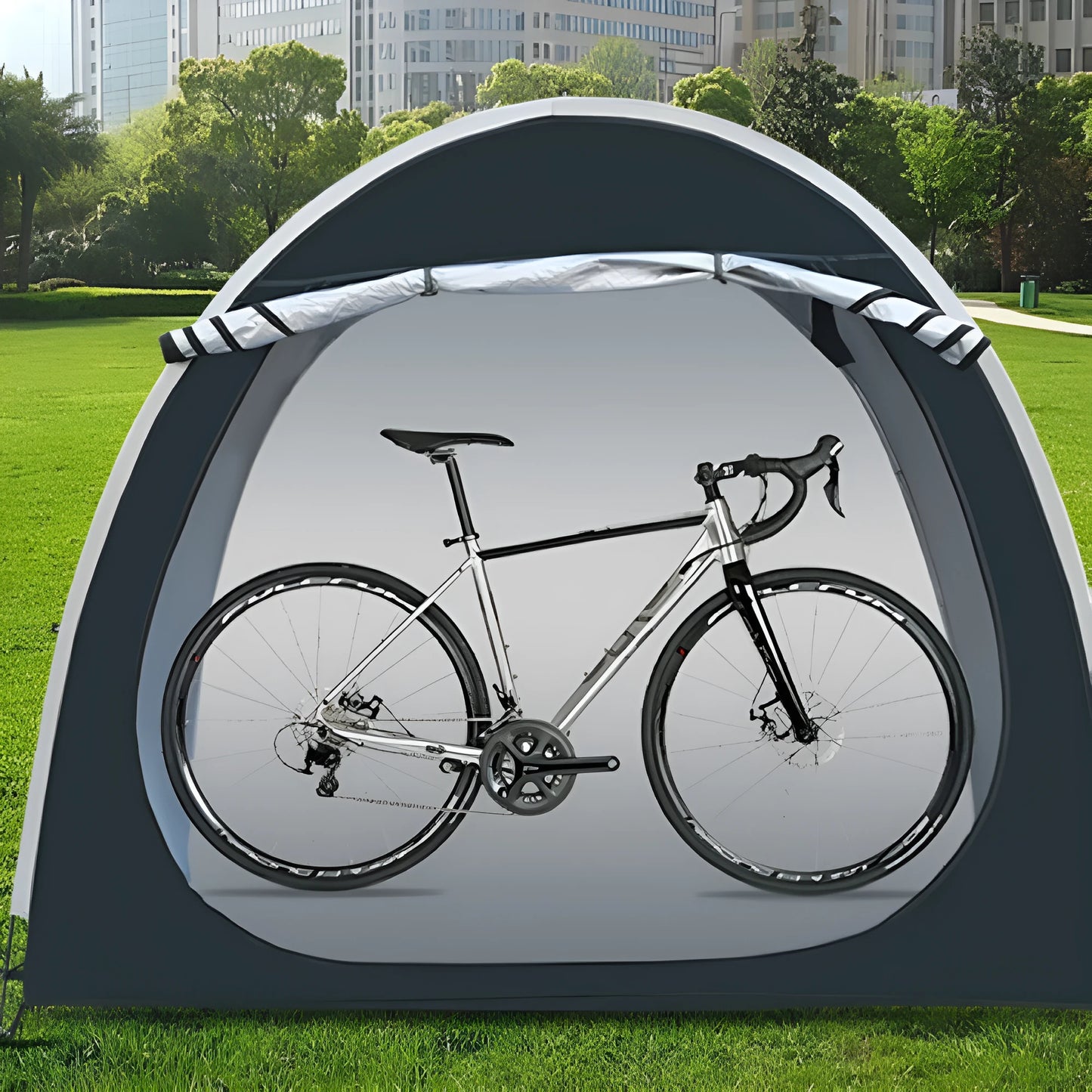 Large black outdoor roof tent for storing two bicycles, showing full assembly with brackets.