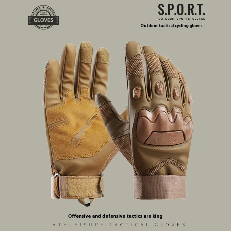 Men's black tactical gloves with touchscreen finger caps, shown in sizes M, L, XL for training use.