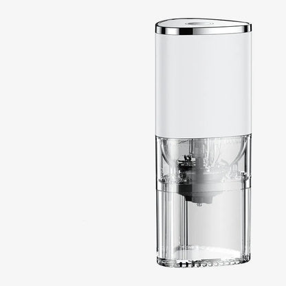 White and black electric coffee grinder with ceramic burr, USB charging port, and adjustable settings dial