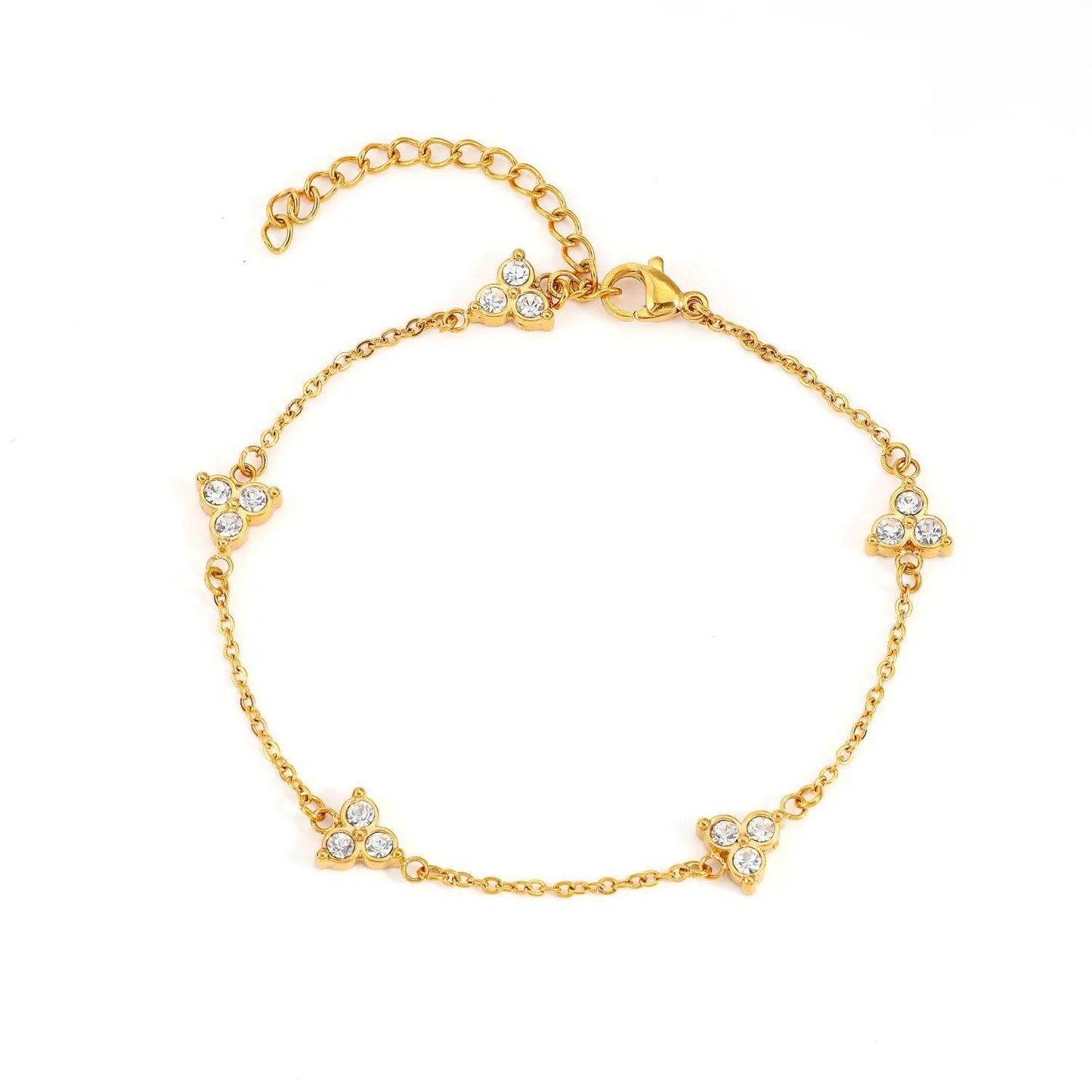 Women's stainless steel three diamond geometric triangular bracelet in gold finish with white zircon gemstones