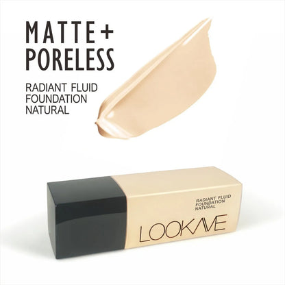 LOOKAVE Matte Liquid Foundation bottle showing 21c quantity with six colour shade options for waterproof coverage