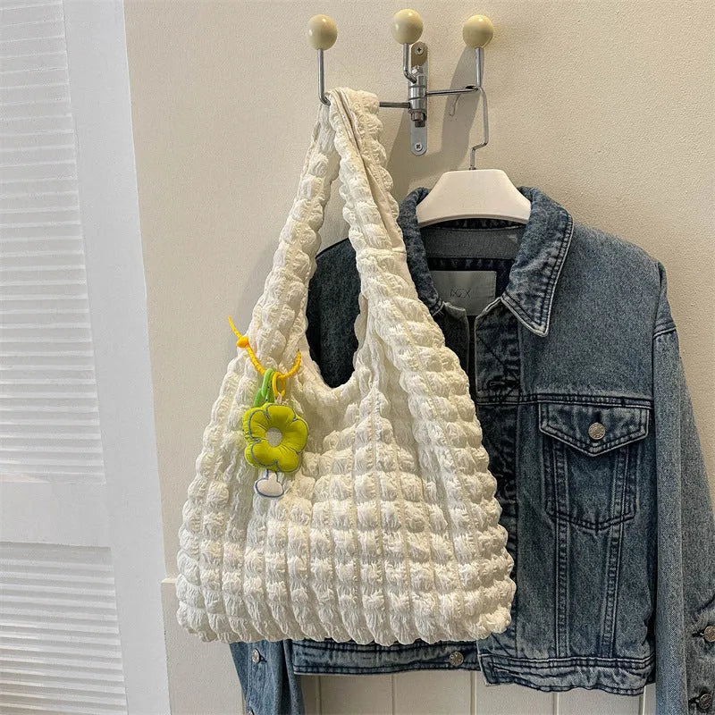 Pleated bubble shoulder bag in square vertical design with pendant accessory in various colour options