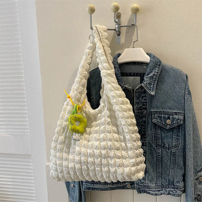 Pleated bubble shoulder bag in square vertical design with pendant accessory in various colour options
