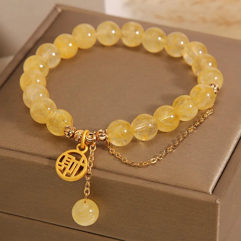 Natural stone citrine bracelet with Chinese character design and decorative tassel for women