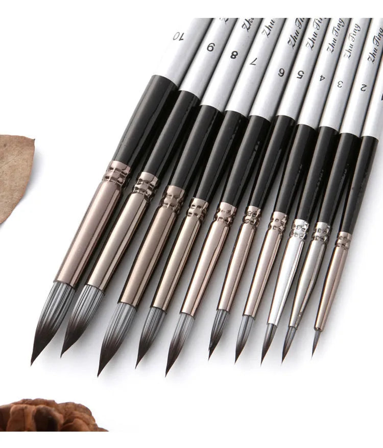 10-piece nylon watercolour oil painting brush set with wooden handles, silver-grey rods, 20-23cm