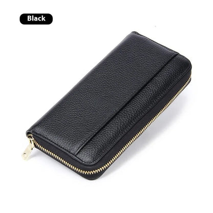 Long genuine leather women's wallet in black with anti-theft card protection and large storage capacity